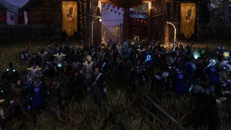 Aufmarsch vor dem Siedlungstor bei Nacht — Closed Beta, 1. August 2021.