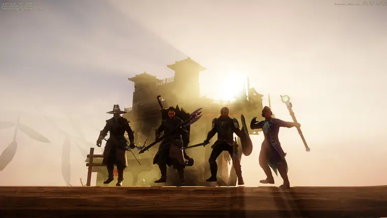 Closed Beta, 1. August 2021 — vier Spieler im Gegenlicht vor dem Tor einer Siedlung.